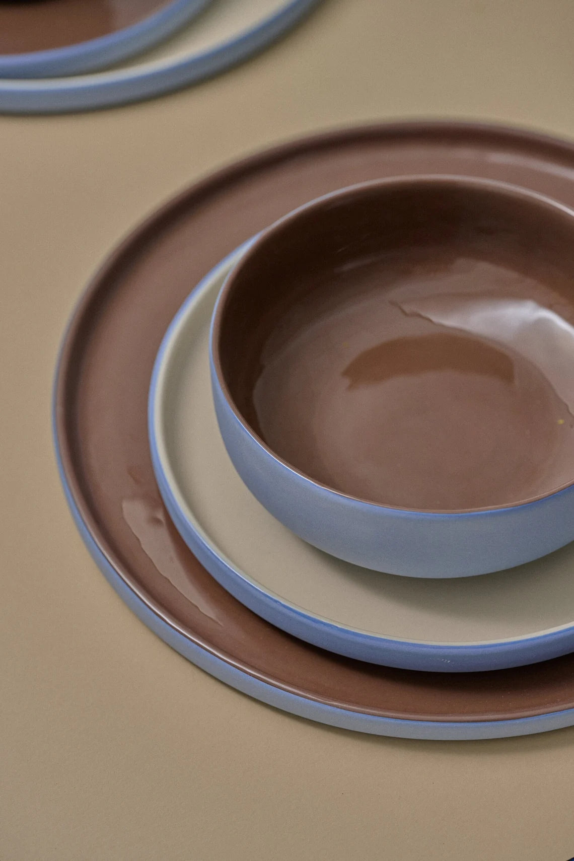 Handmade Porcelain Dinner Plate – Cappuccino Brown & Blue Rim