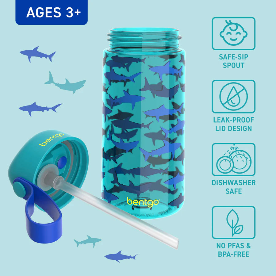 Bentgo Kids Water Bottle – Sharks, 15 oz Leak-Proof Tritan Bottle with Straw