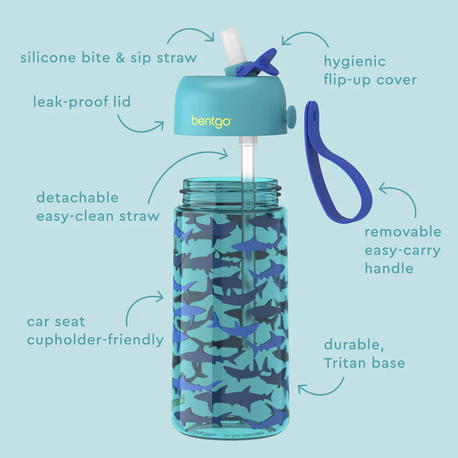 Bentgo Kids Water Bottle – Sharks, 15 oz Leak-Proof Tritan Bottle with Straw