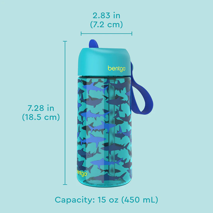 Bentgo Kids Water Bottle – Sharks, 15 oz Leak-Proof Tritan Bottle with Straw