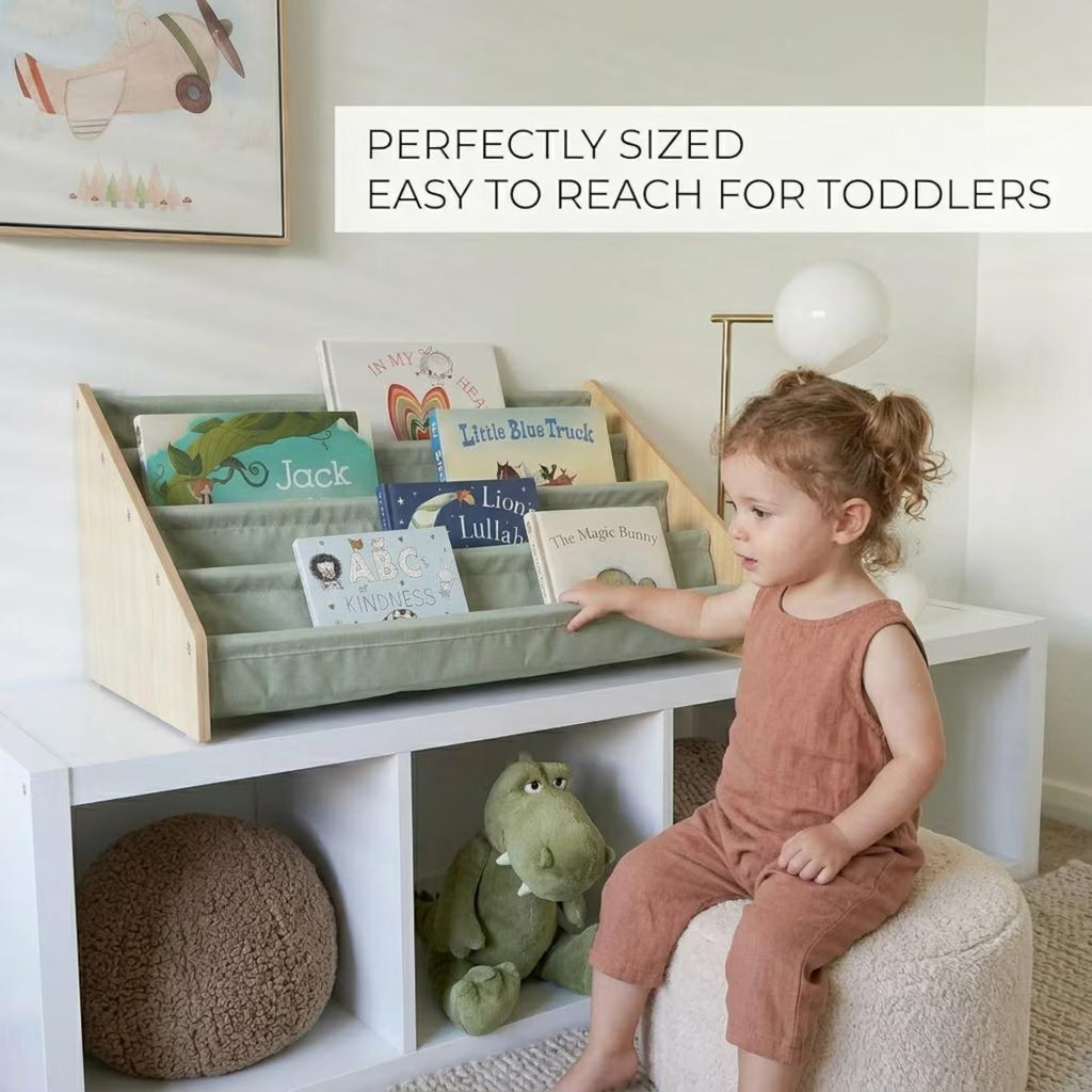 Kids Wooden Montessori Bookshelf – Freestanding Toddler Book Rack & Nursery Organizer