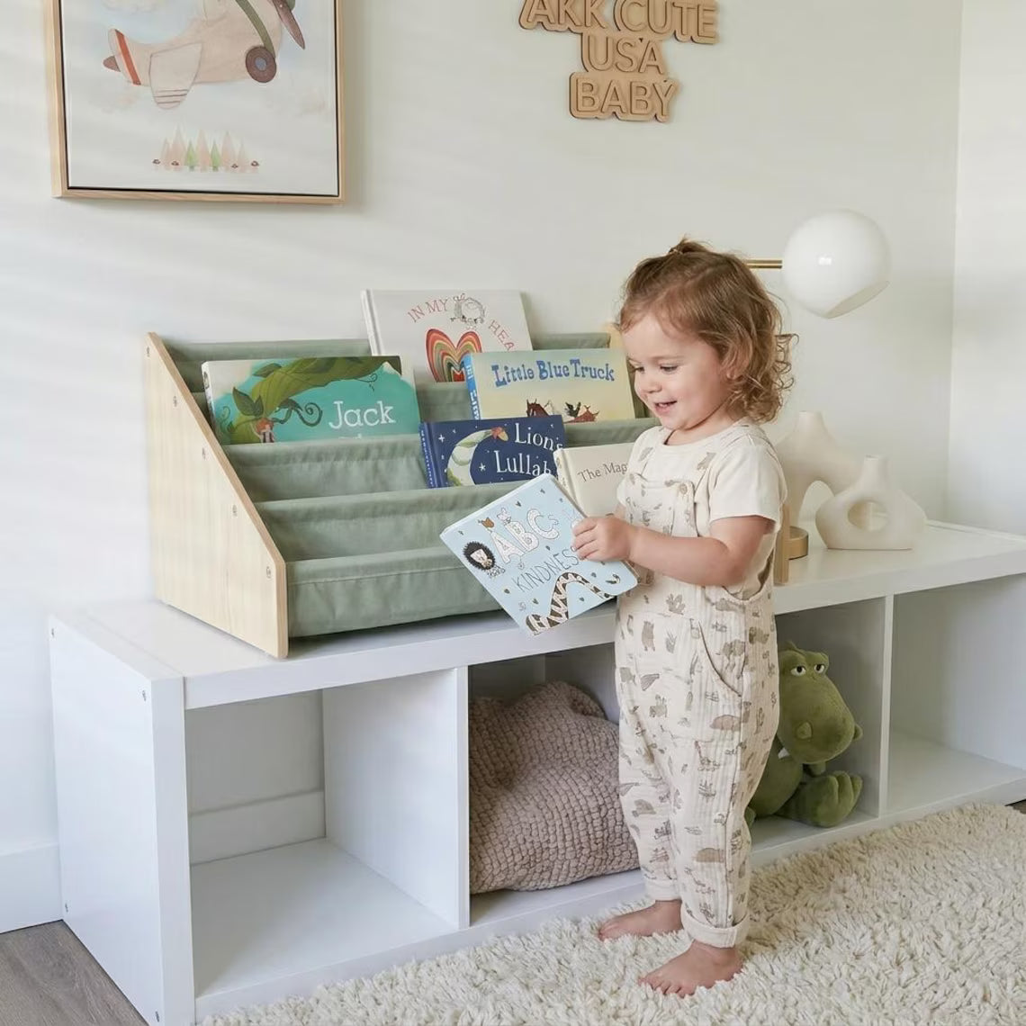 Kids Wooden Montessori Bookshelf – Freestanding Toddler Book Rack & Nursery Organizer