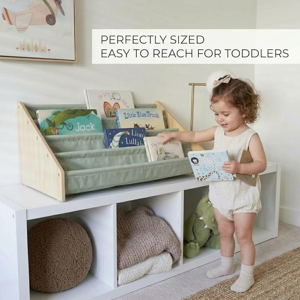 Kids Wooden Montessori Bookshelf – Freestanding Toddler Book Rack & Nursery Organizer
