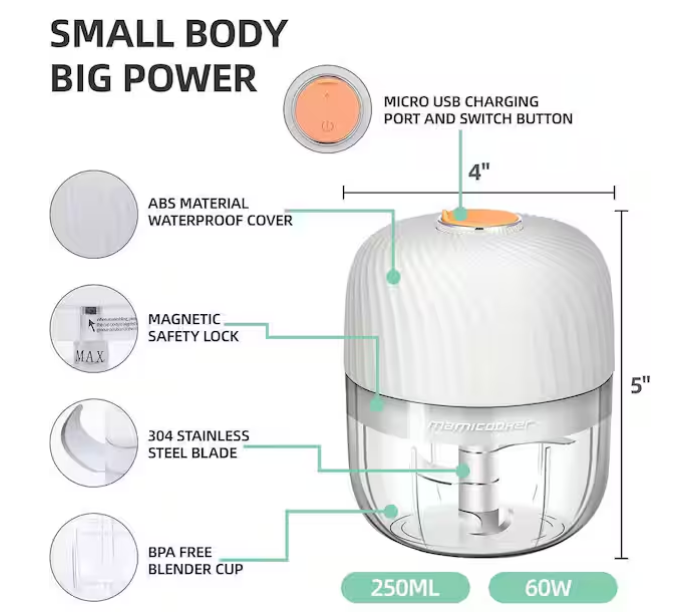Mini Electric Garlic Chopper – Compact Rechargeable Food Processor for Garlic, Onion, Ginger & Vegetables