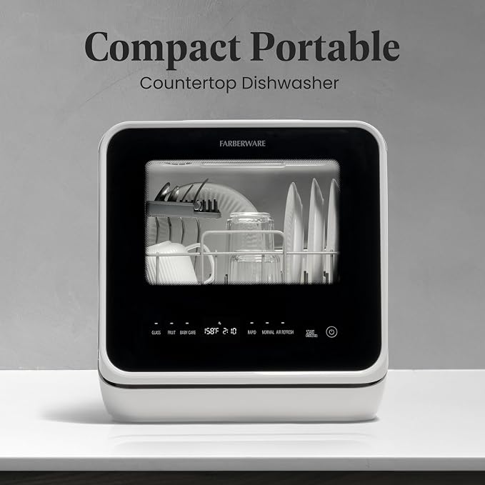 Farberware Portable Countertop Dishwasher with Built-in 5L Water Tank – Compact Digital Mini Dishwasher, White