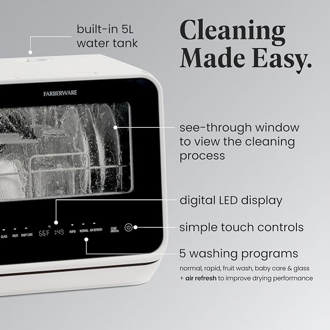 Farberware Portable Countertop Dishwasher with Built-in 5L Water Tank – Compact Digital Mini Dishwasher, White