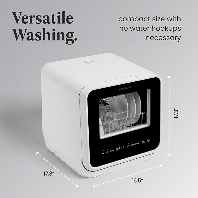 Farberware Portable Countertop Dishwasher with Built-in 5L Water Tank – Compact Digital Mini Dishwasher, White