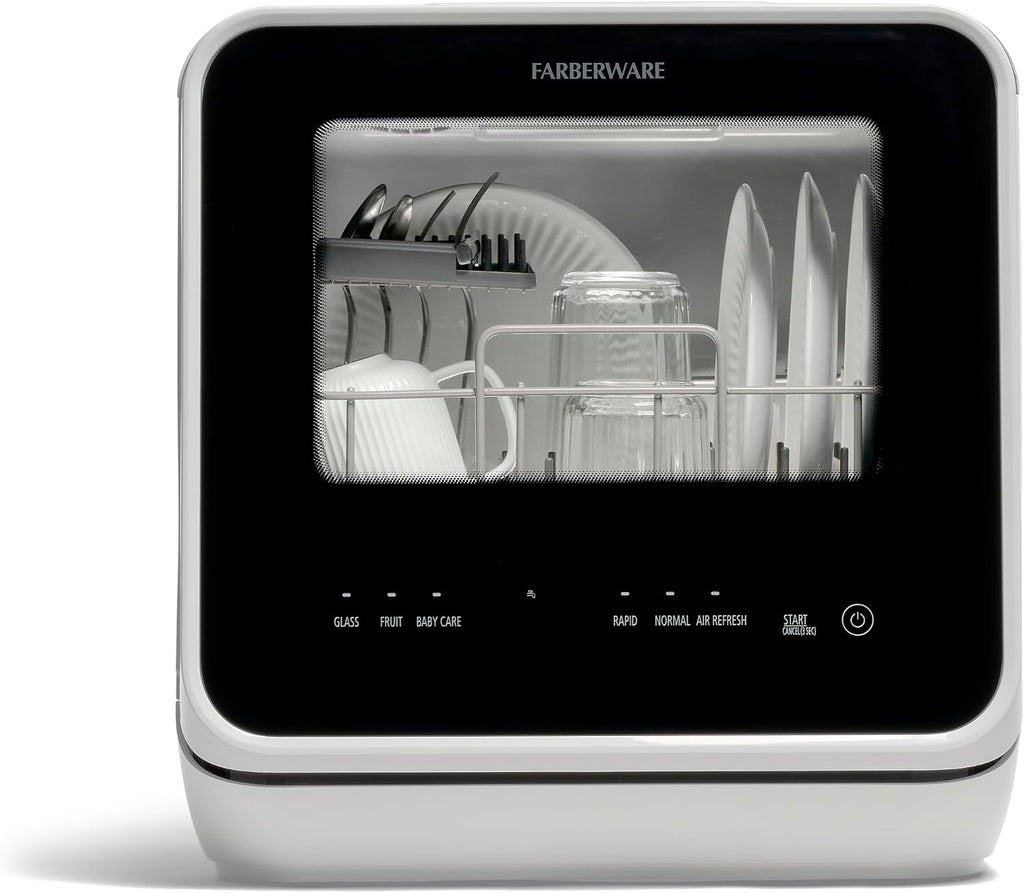 Farberware Portable Countertop Dishwasher with Built-in 5L Water Tank – Compact Digital Mini Dishwasher, White